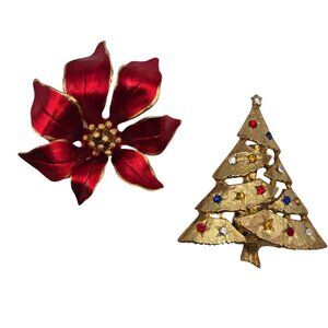 VTG Christmas Brooch 2PC Set Red Poinsettia MultiColor Rhinestone Christmas Tree